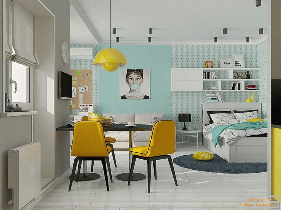 Interior design of a small house with bright accents