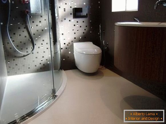 Combined bathroom with hanging plumbing and shower