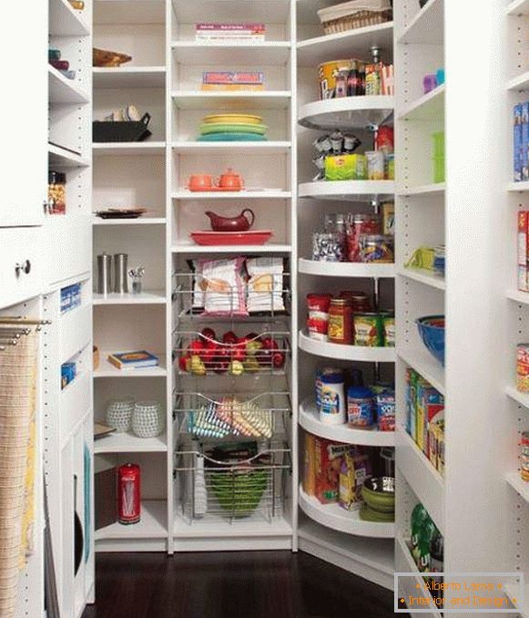 Design of a pantry in an apartment - a photo with a corner shelf