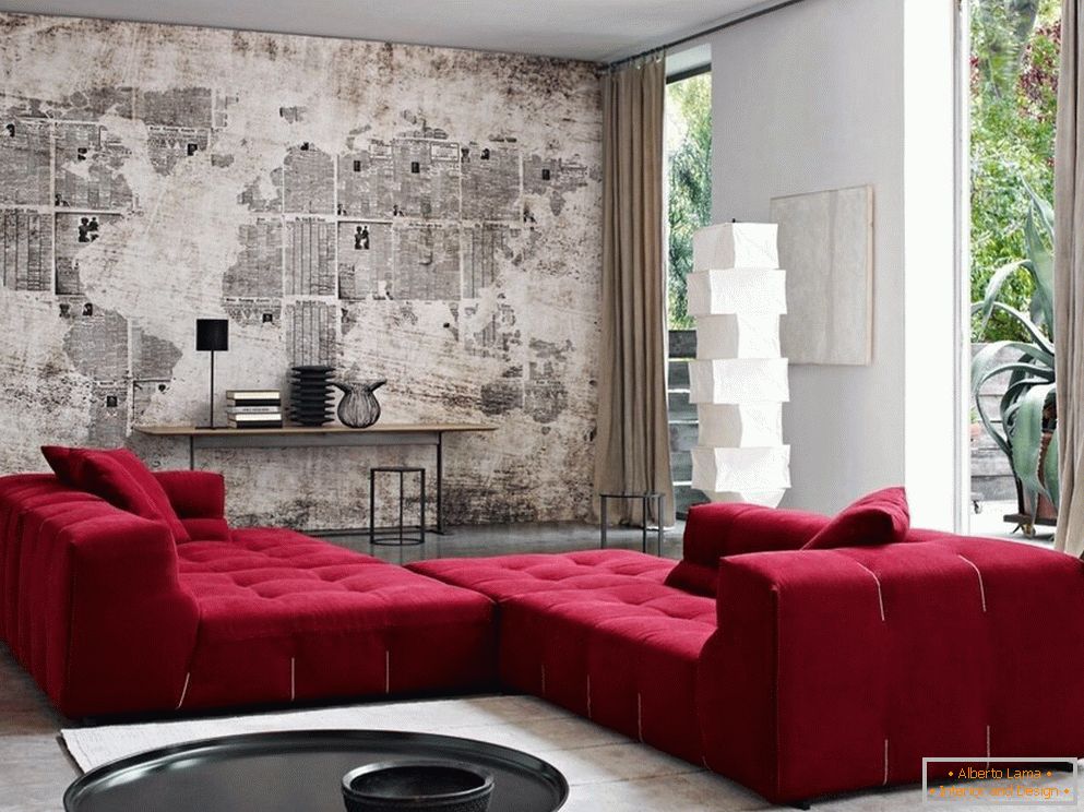 Red sofa in the living room