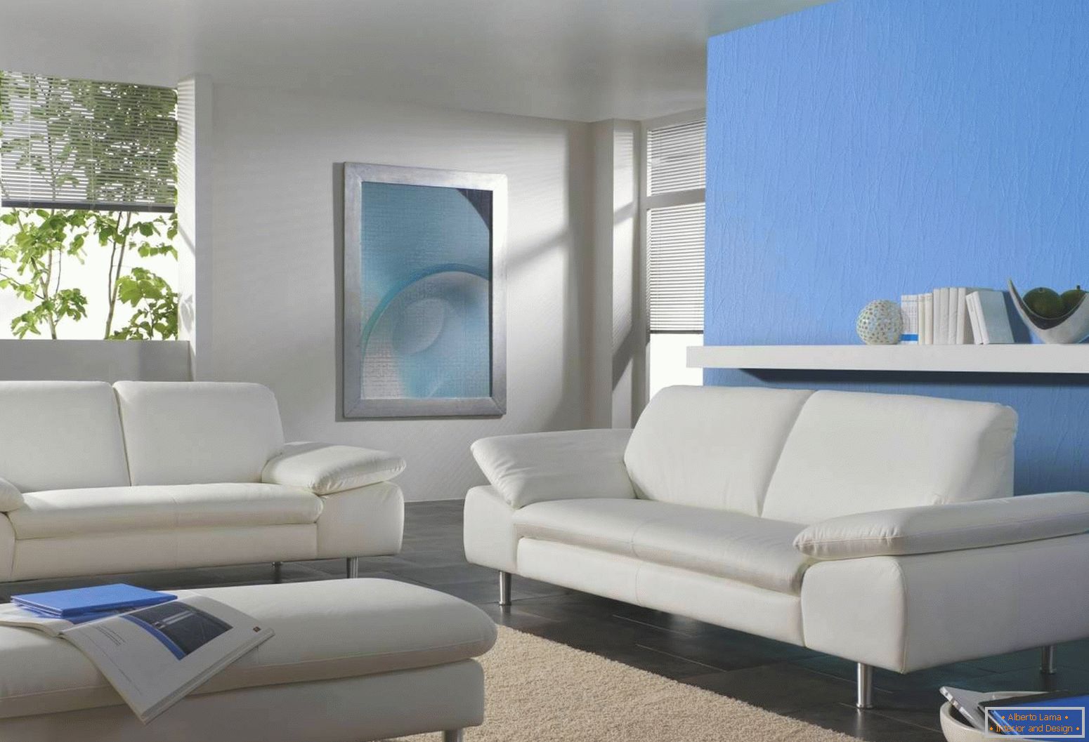 Blue wall in white interior