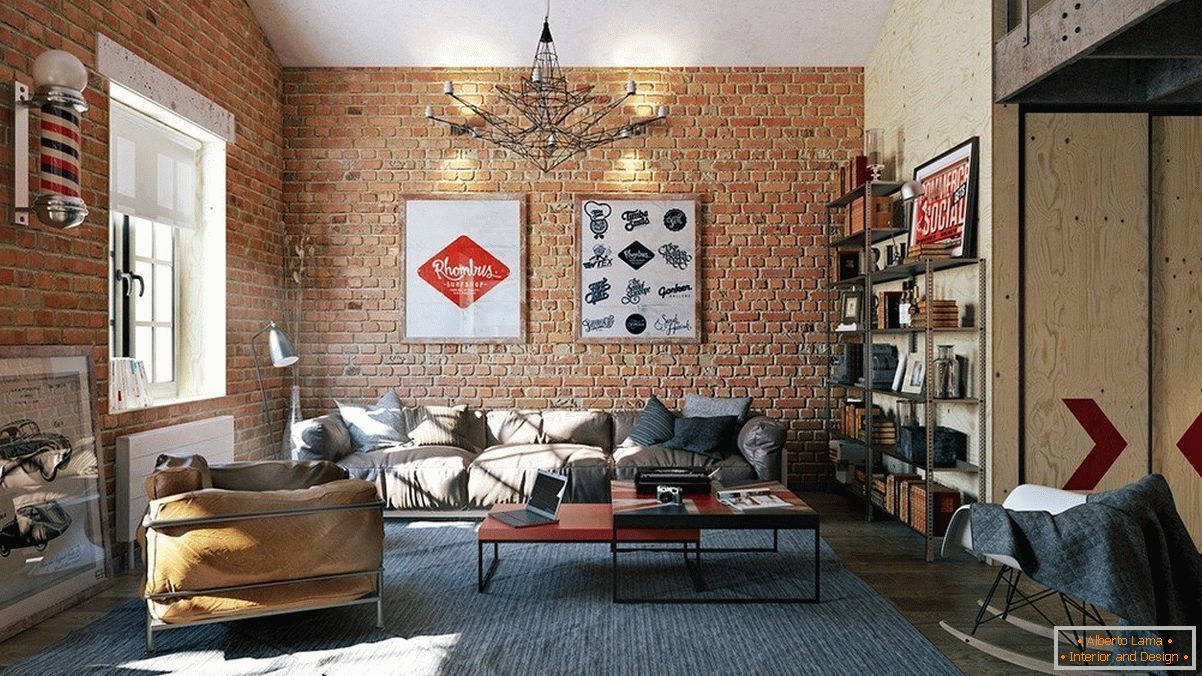 Interior of the apartment in loft style with wallpaper under the brick