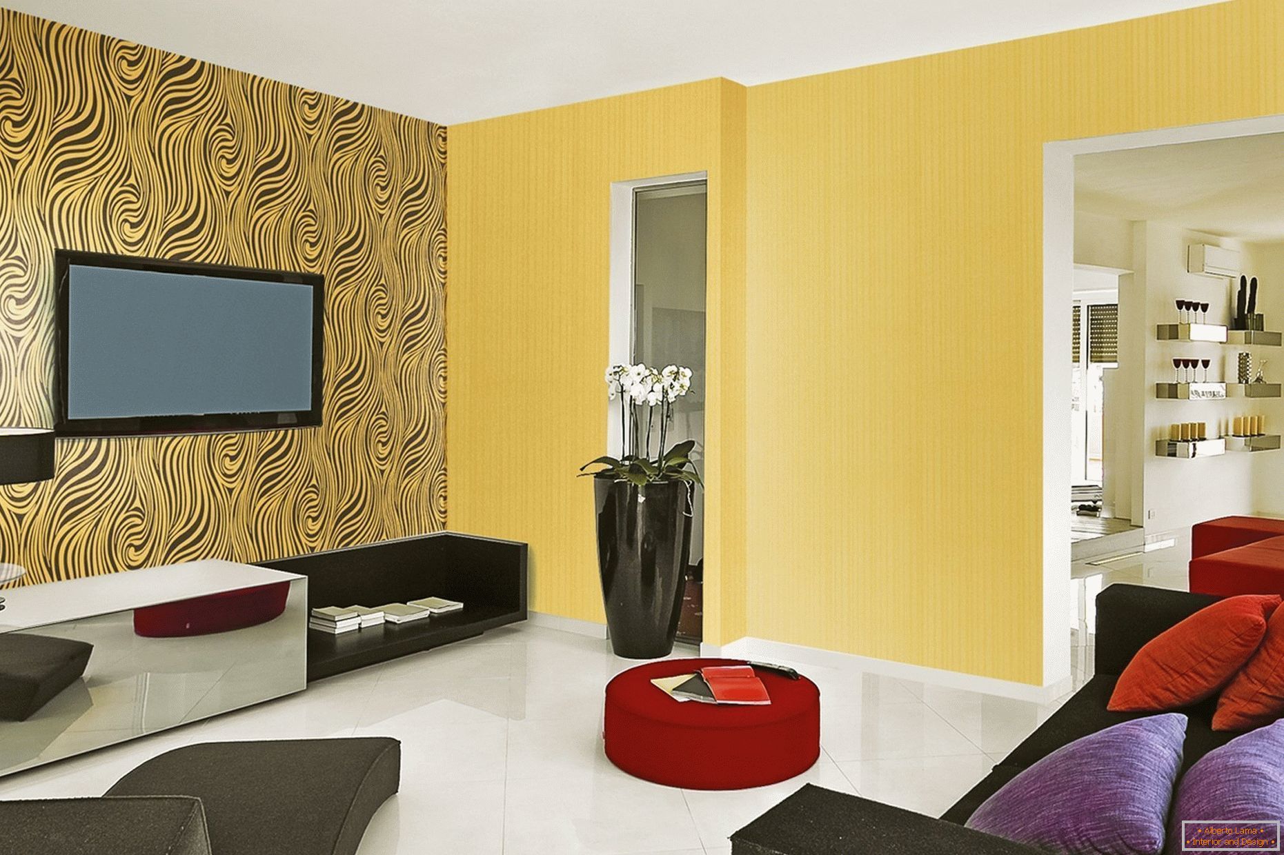 Yellow walls and white floor in the living room