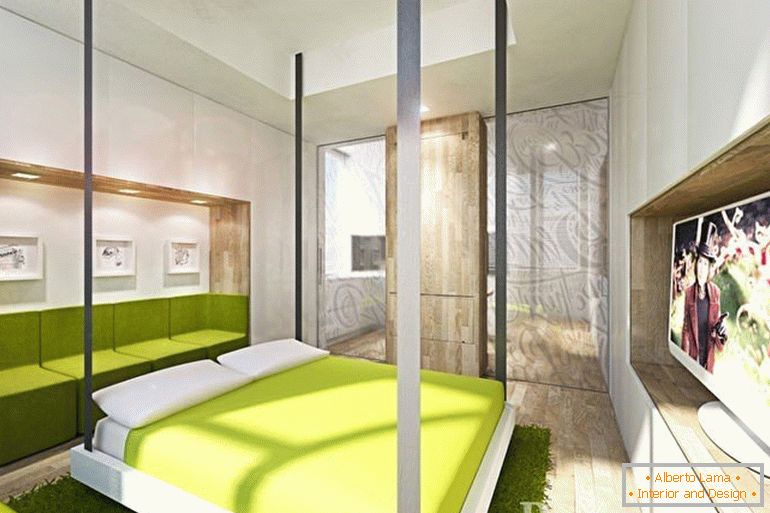 White and green interior of the bedroom
