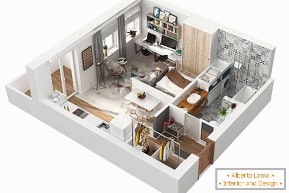 Plan 3D project of one-room apartment 40 sq m