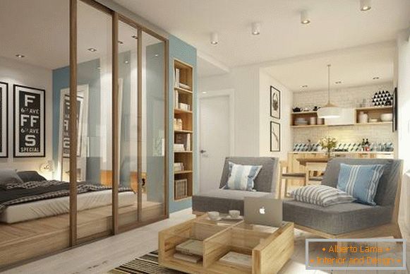 Living room and bedroom in design 1 room apartment 40 sq m