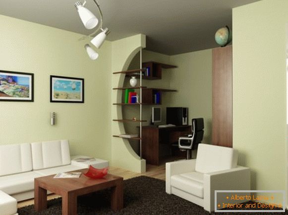 Design one-room apartment with a workplace - divided into two zones