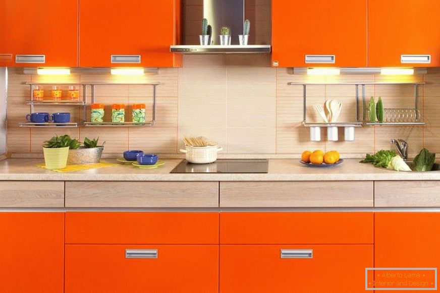 Decor of the orange kitchen in the apartment