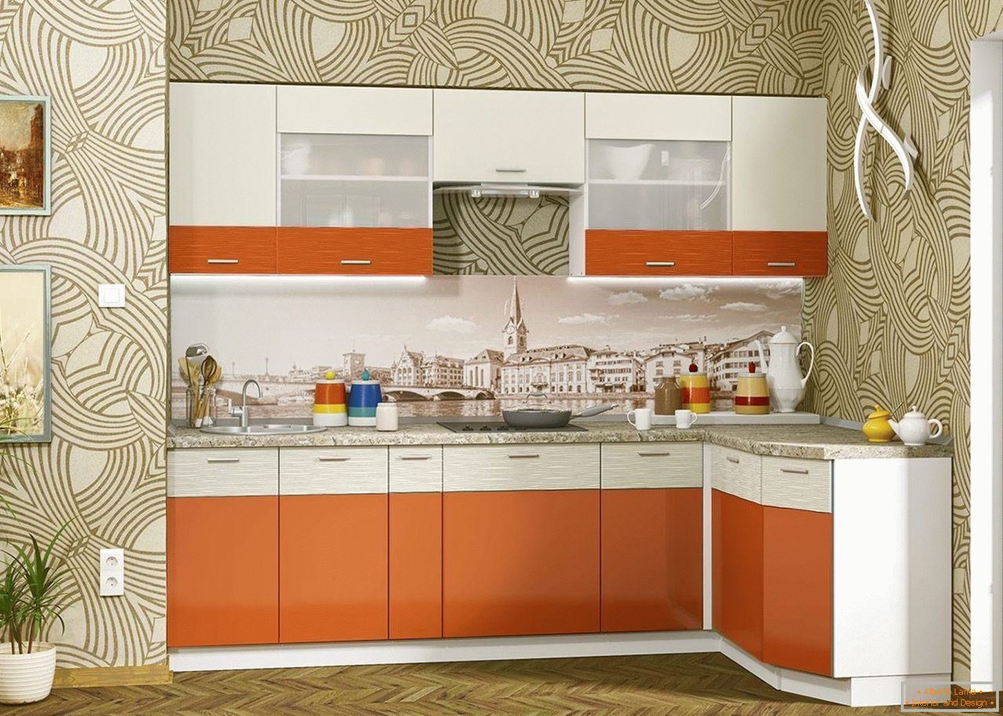 Compact kitchen in orange color