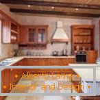A huge kitchen with wooden furniture