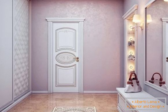 Design of a large hallway in a private house with a white built-in wardrobe