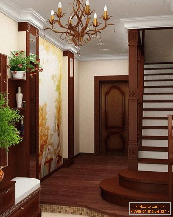 Design of a small hallway in a private house with a staircase to the 2nd floor