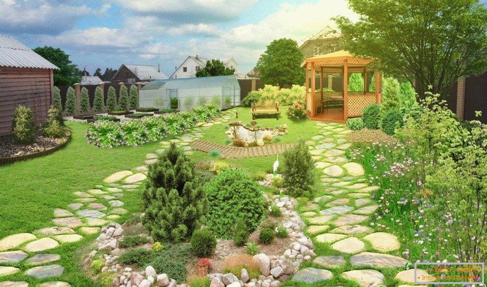 Garden with pergola and stone paths