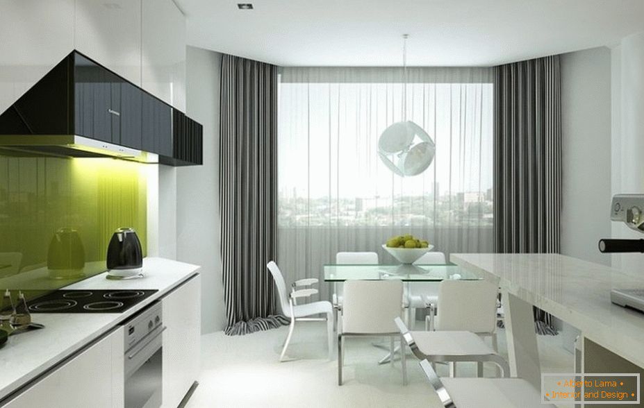 White kitchen interior with gray curtains