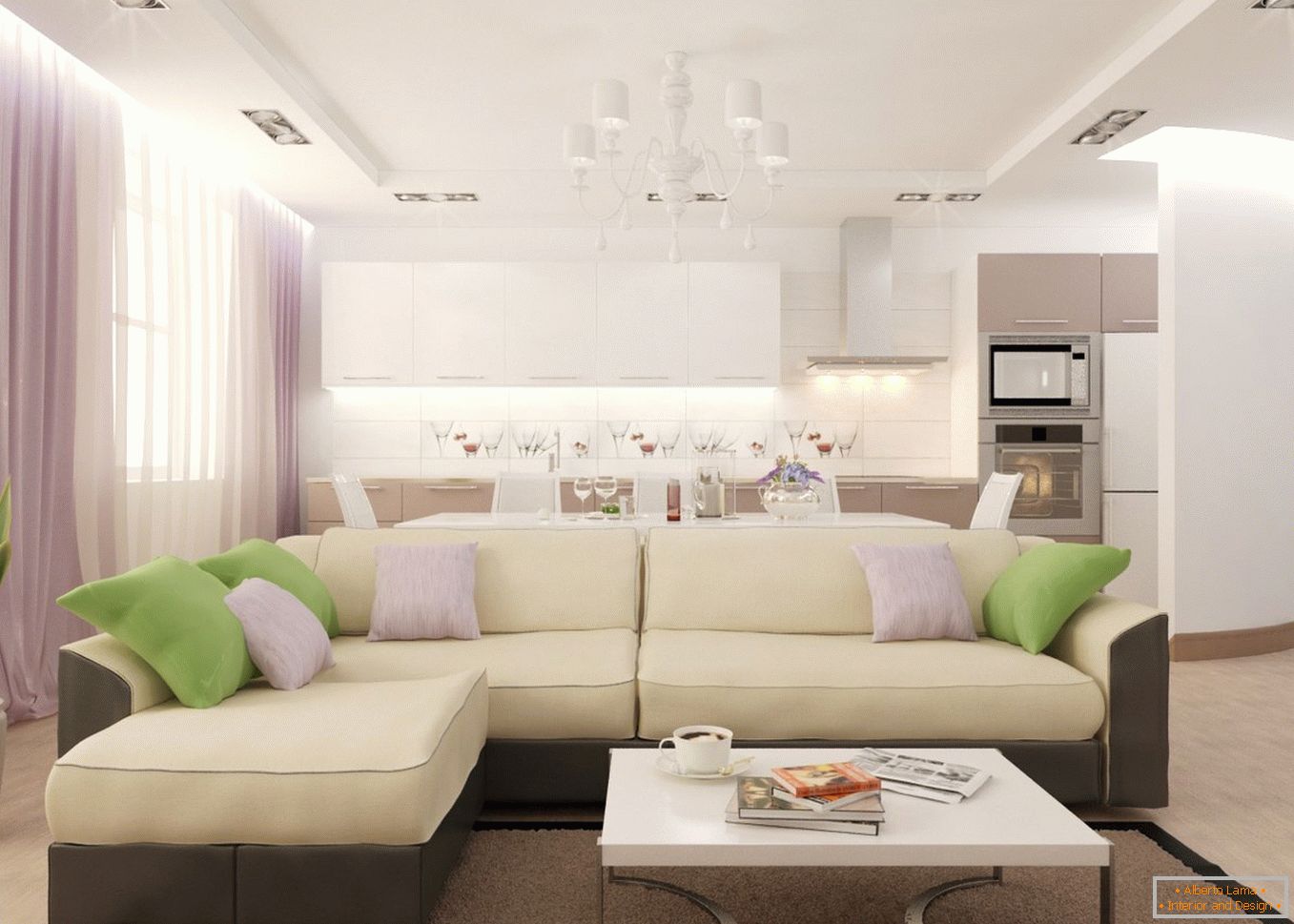 A wide sofa in the kitchen-living room