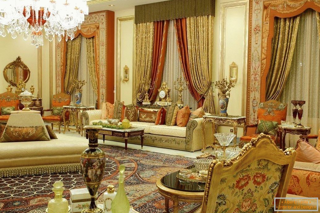 A room with oriental furniture and curtains