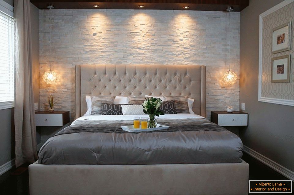 Artificial stone wall in the bedroom