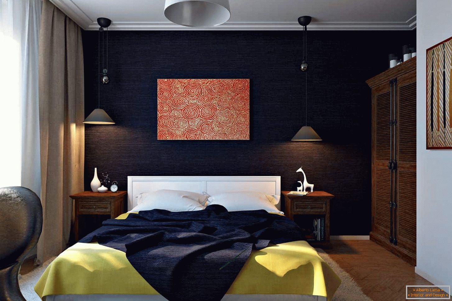 Eggplant color in the decoration of the bedroom walls