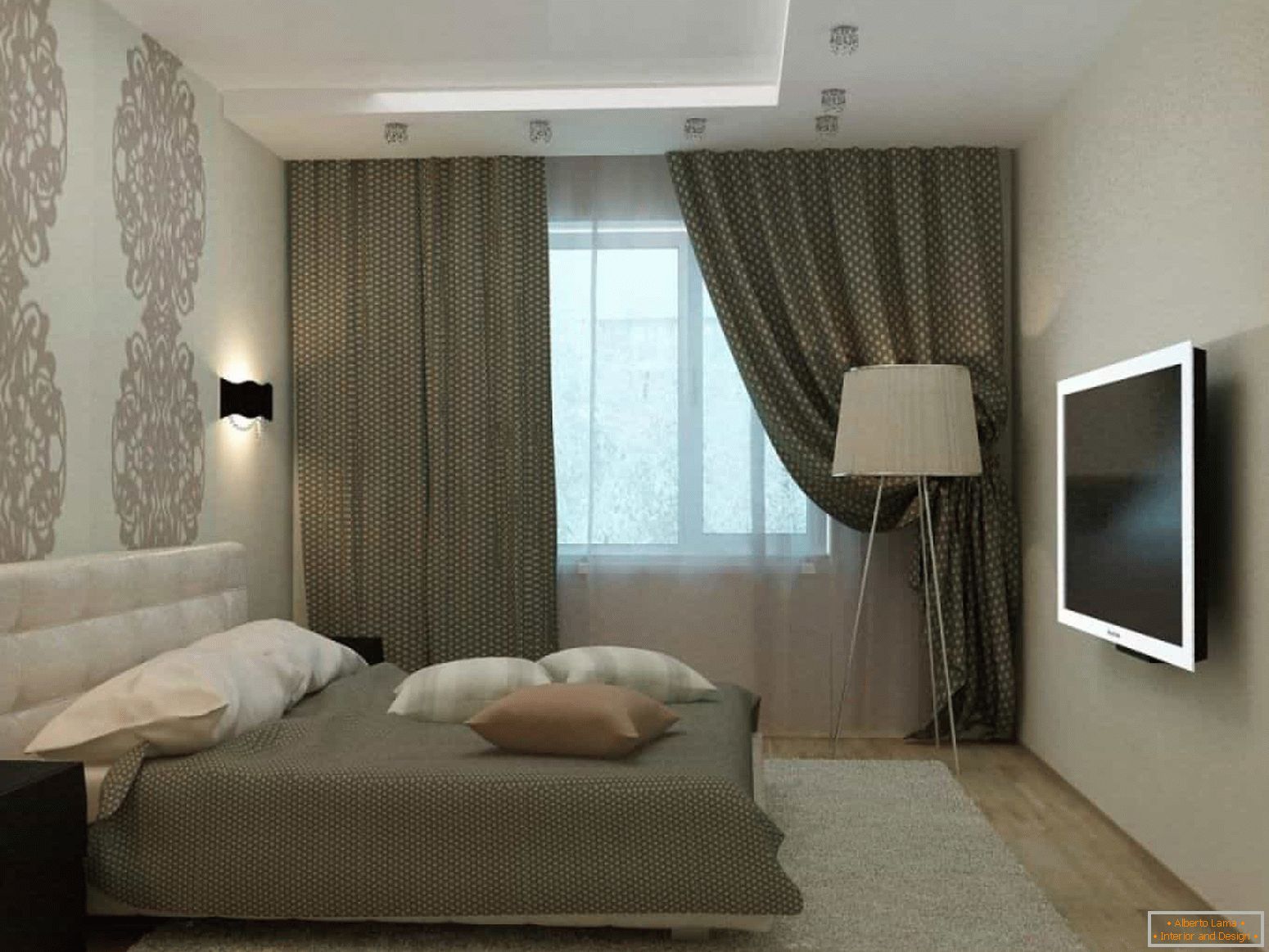 Spot lights on the ceiling and sconces on the wall in the bedroom