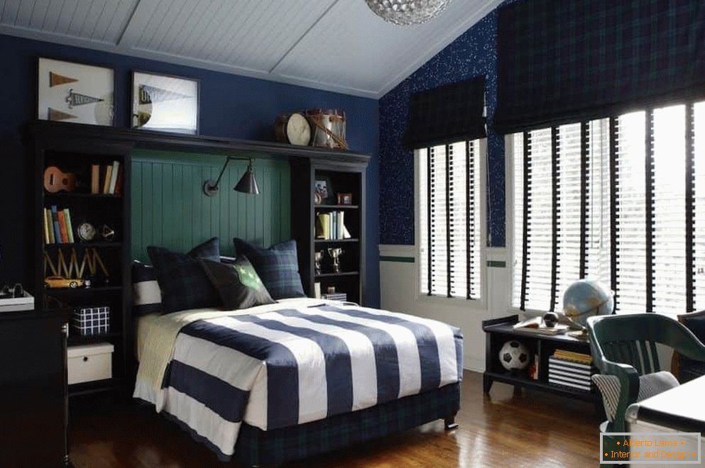 Large bedroom for a boy in blue tones