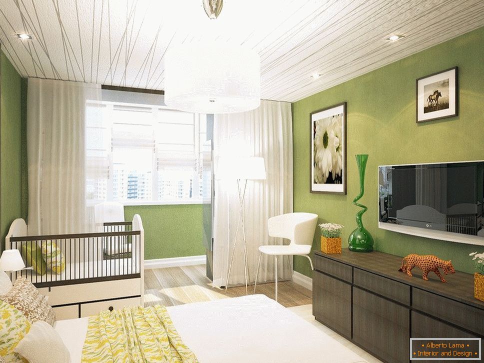 Light green bedroom with exit to the balcony