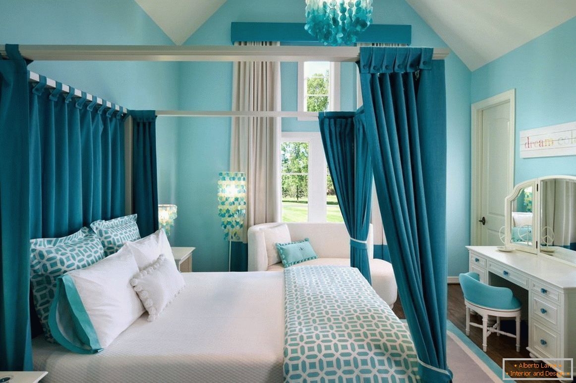 Turquoise canopy over the bed