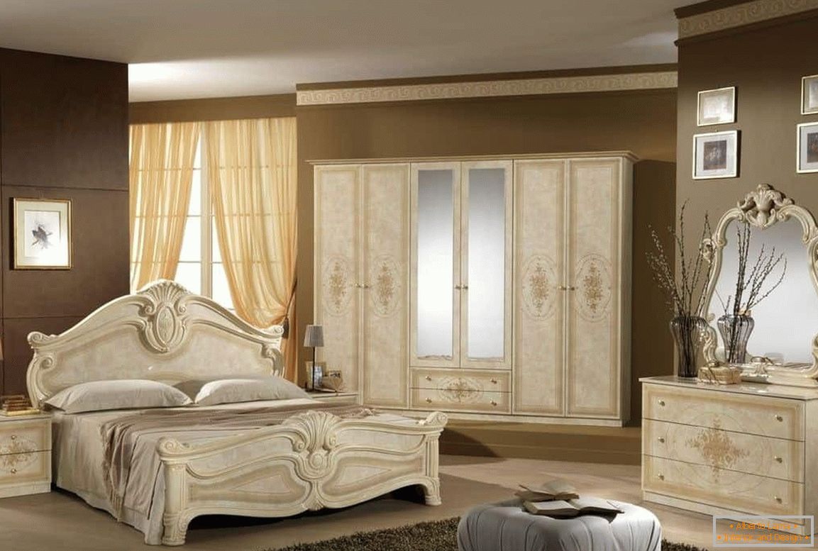 Classic bedroom design - beige furniture and brown walls