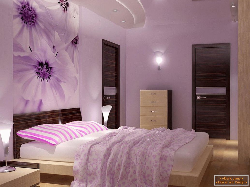 Light furniture in the bedroom with lilac walls