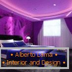 Lilac ceiling with lighting in the bedroom