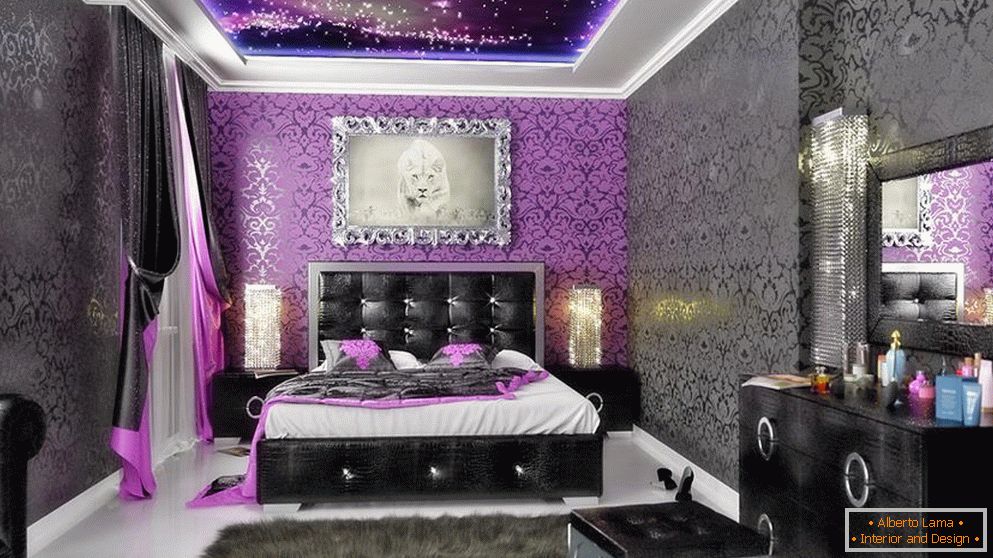 Black and lilac wallpaper in the bedroom