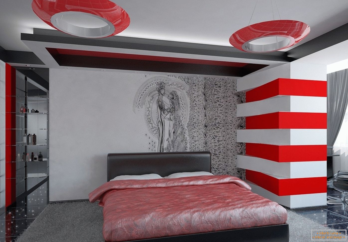 Bright colors in the interior of the bedroom in the style of high-tech