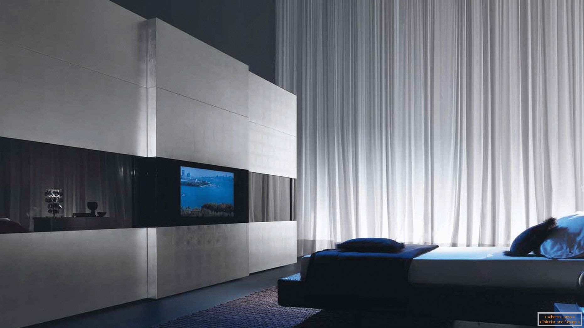 Decor in the bedroom in the style of high-tech