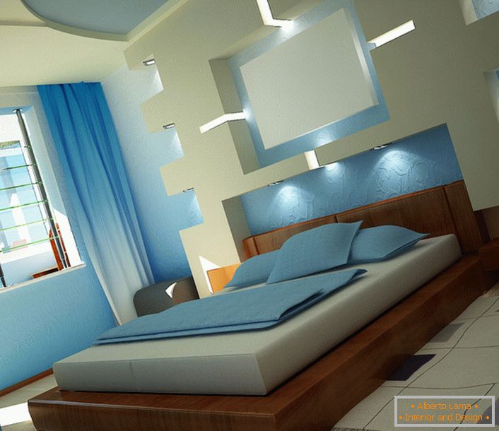 White and blue bedroom interior