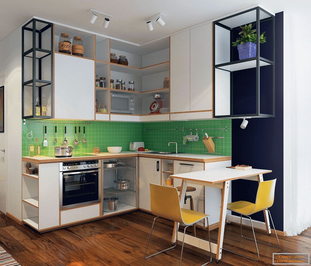 The combination of white furniture and a green apron