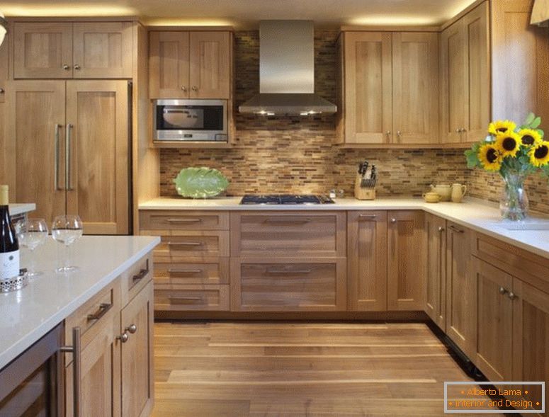 sunflower-kitchen-decoration-idea-also-attractive-wood-backsplash-feat-single-microwave-with-recessed-lighting