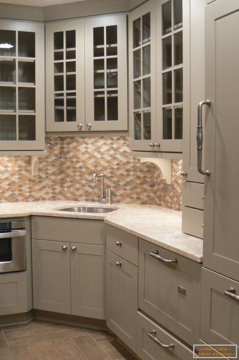 contemporary-grey-kitchen-storage-cabinets-plus-lovely-corner-sink-design-with-mosaic-backsplash-tile