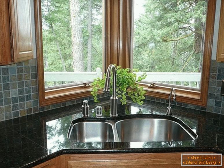exotic-grey-backsplash-tile-combined-with-black-granite-countertop-also-corner-kitchen-sink-design