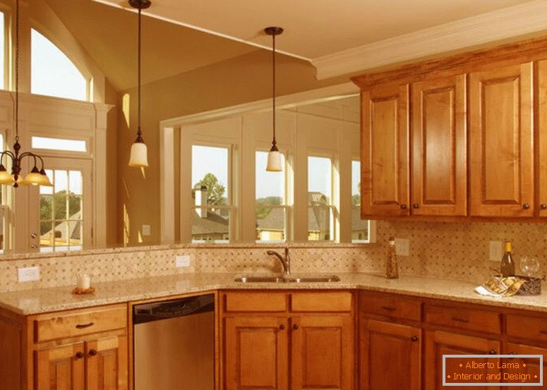 traditional-medium-wood-small-kitchen-design-feat-corner-sink-and-modern-kitchen-backsplash-design-ideas-plus-attractive-hanging-lamp-design-plus-light-brown-wood-flooring-ideas