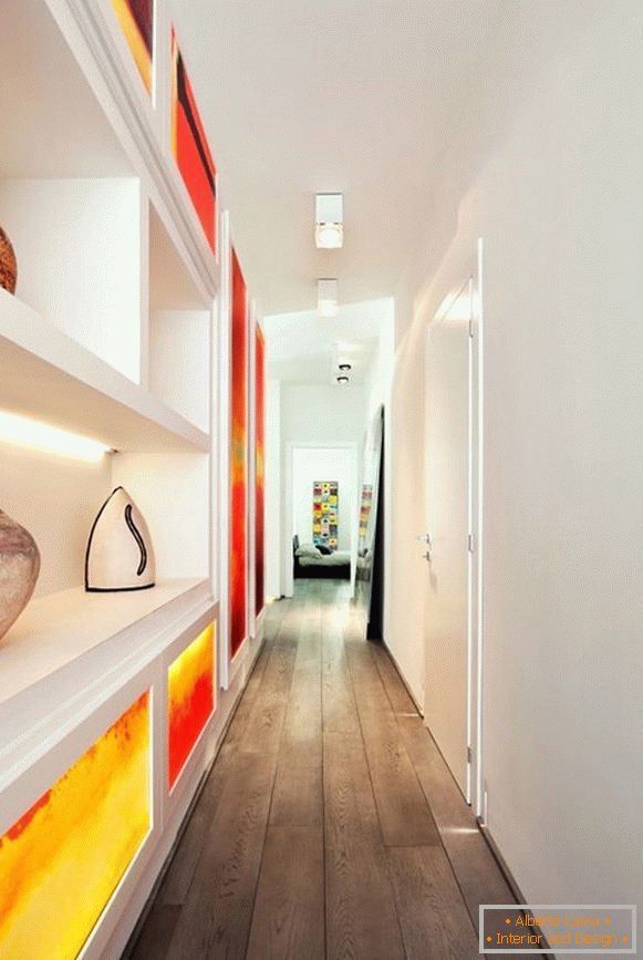Shelves in a narrow corridor will decorate the interior