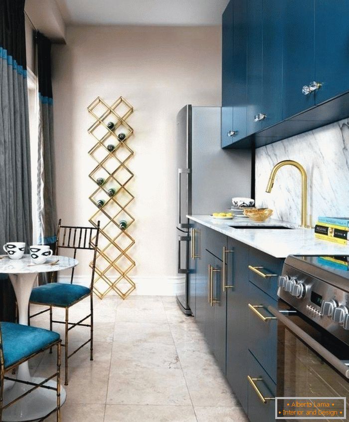 A narrow blue kitchen