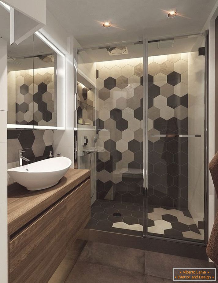 Shower behind a glass partition
