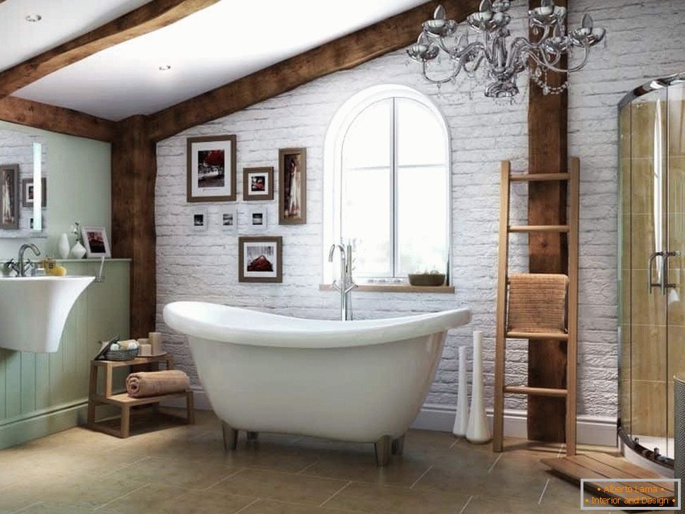 Bathroom with beamed ceilings and white bricks