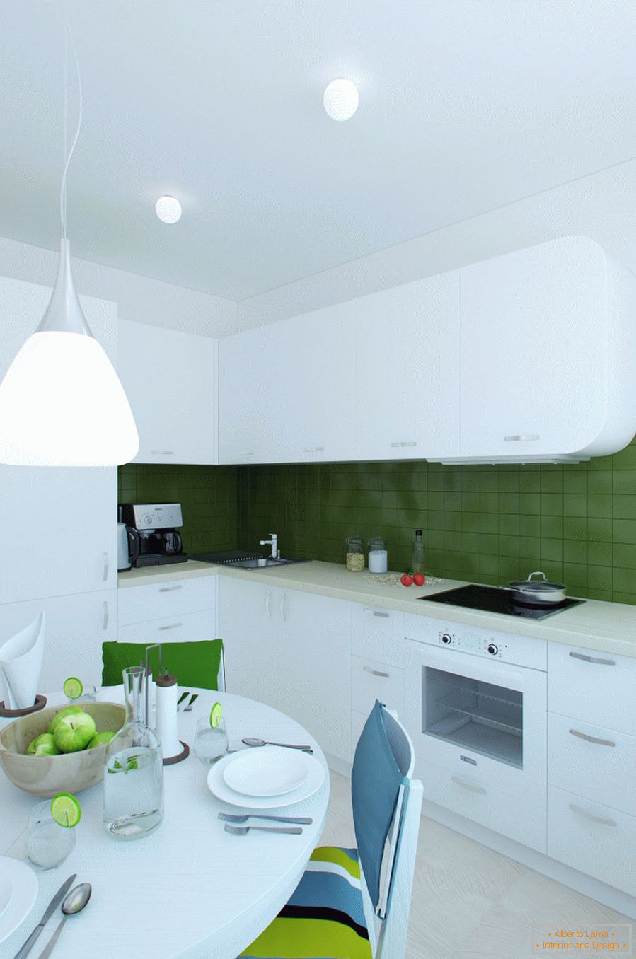 Kitchen interior design in white and green colors