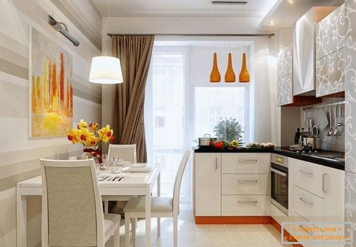 Stylish design for kitchen interior 12 square meters. Accents of orange make the room warmer.