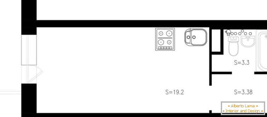 The plan of a small-sized studio apartment