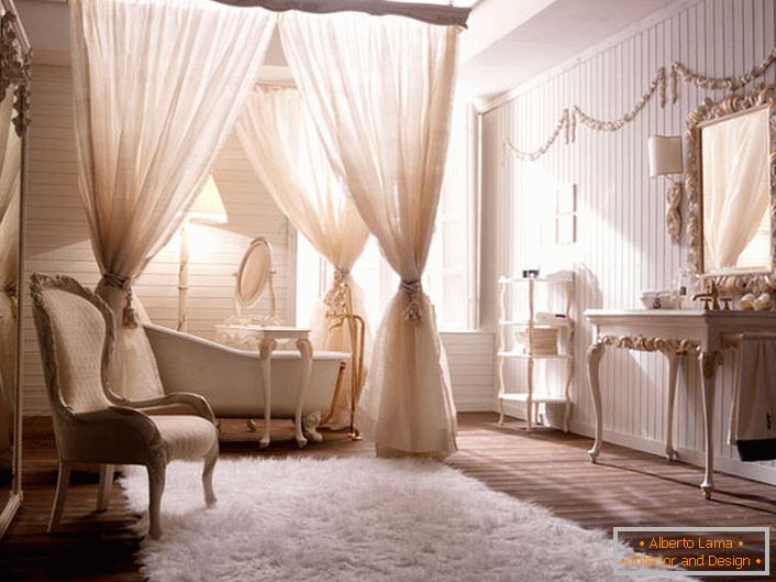 Baldahin from light, translucent fabric indicates the presence of motifs of baroque in interior design.