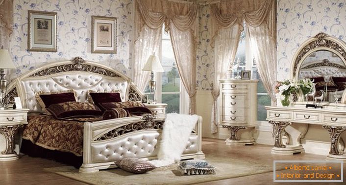 Design project for a spacious bedroom in the Baroque style.