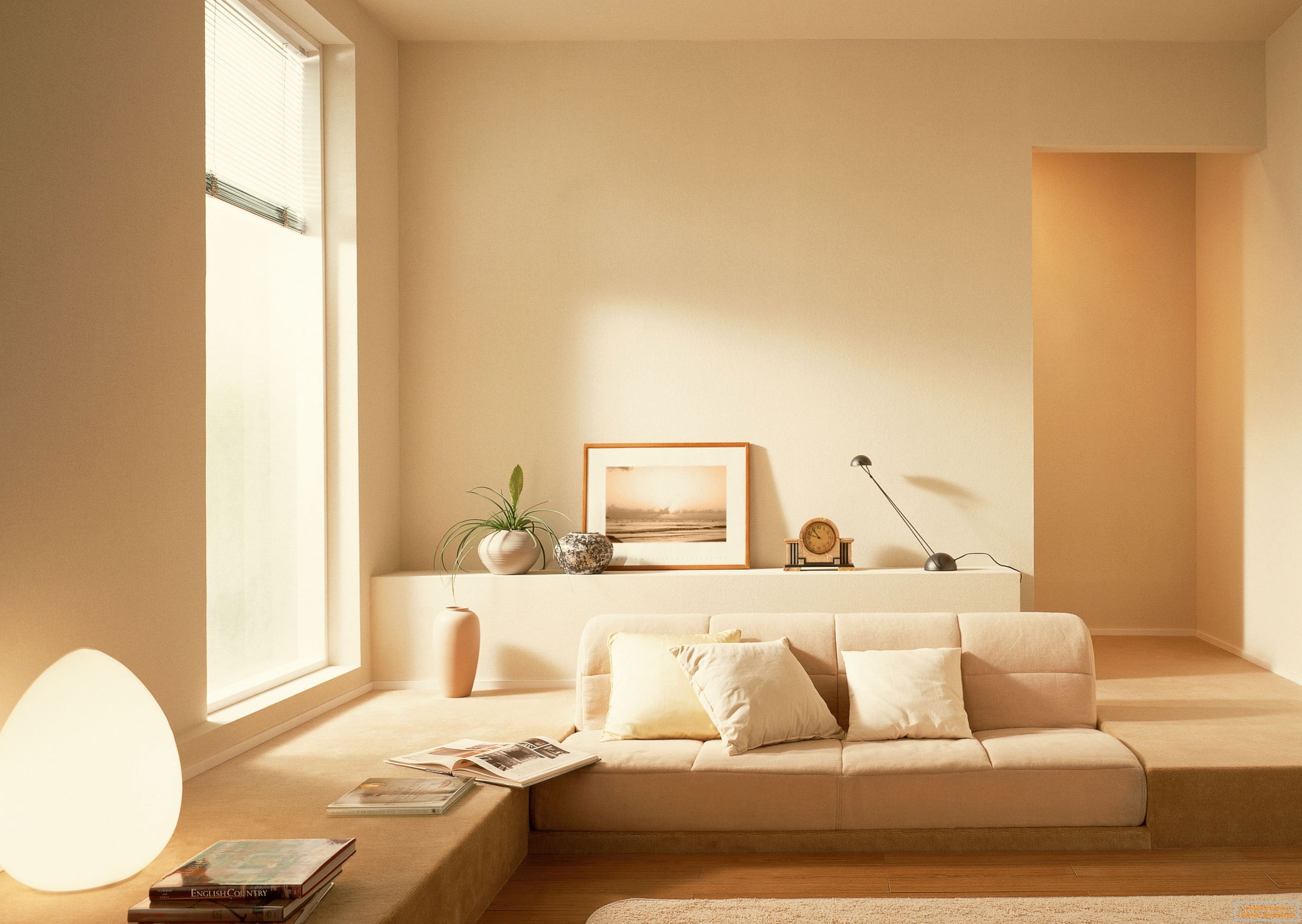 In accordance with the style of minimalism, a calm beige shade was used to organize the interior of the living room.
