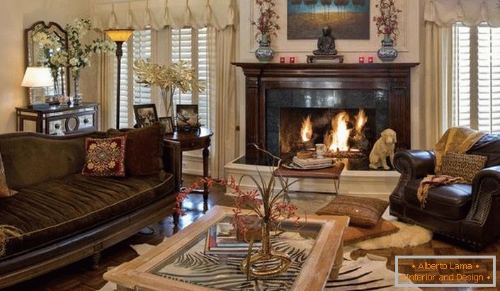 The style is eclectic in a luxurious, spacious living room. The interior with a large fireplace looks pompous and expensive.