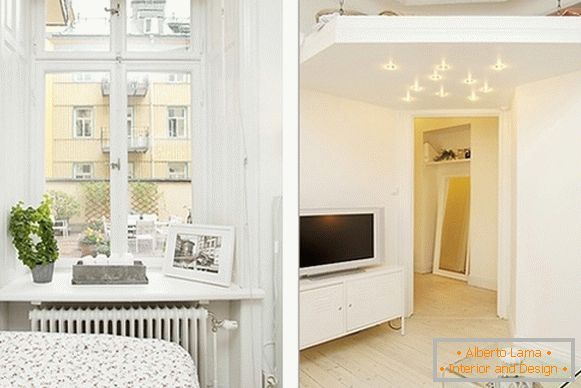 Interior of a comfortable bedroom and living room apartment in Sweden